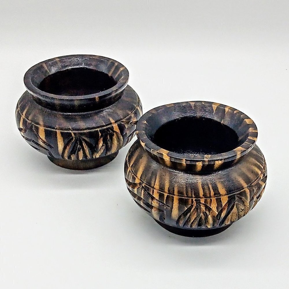 Pair of Brown Carved Wood Jars